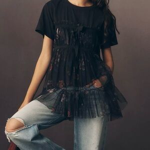 Anthro Sheer Layered Black Floral Tee